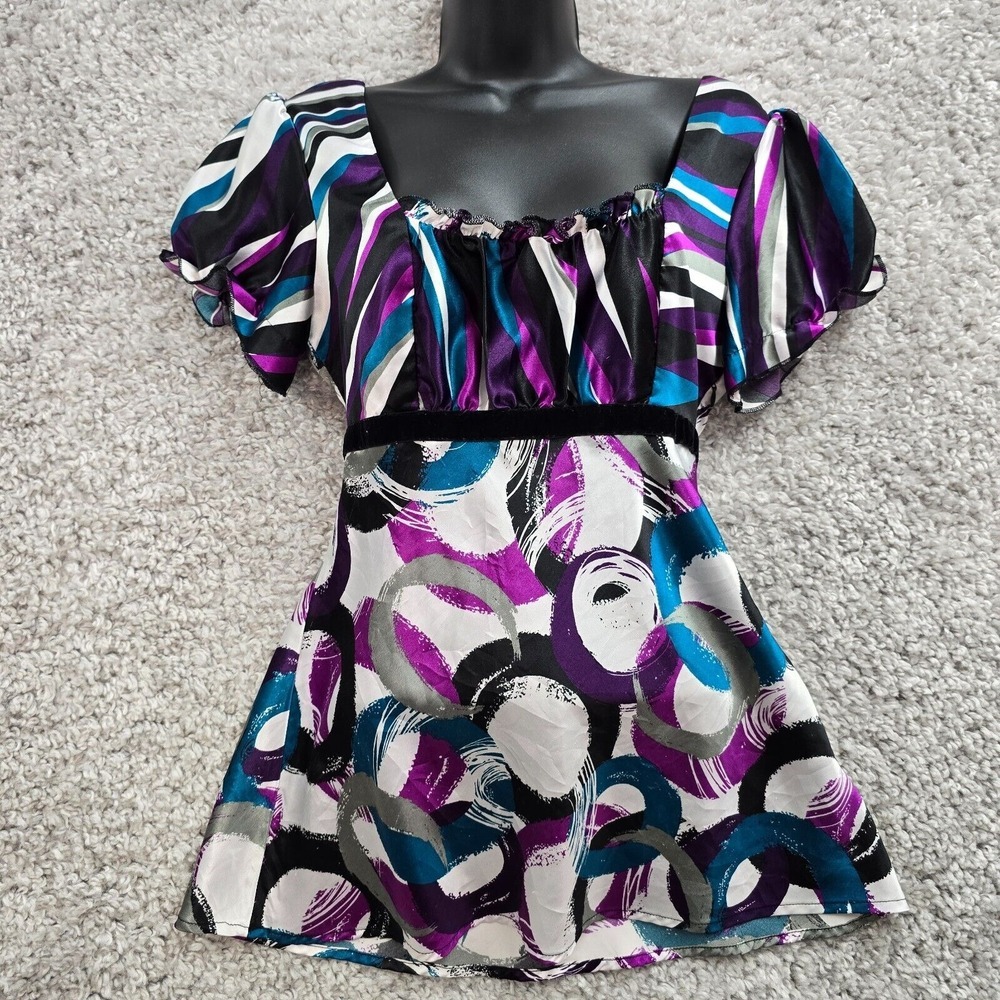 Sele Womens Babydoll Satin Top Size Medium‎ Colorful Short Sleeve Tie Y2K Party